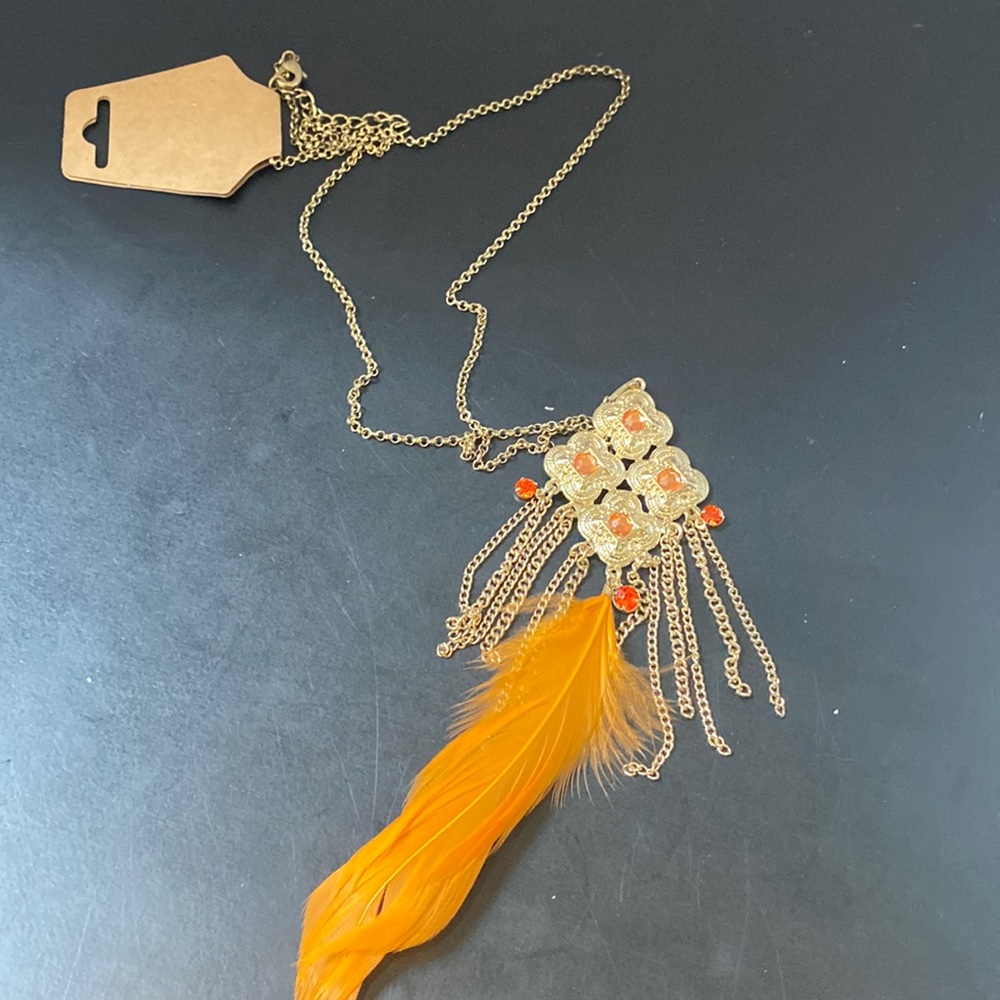 BOHO Bohemian gold town long chain pendant w/orange feather necklace orange bead